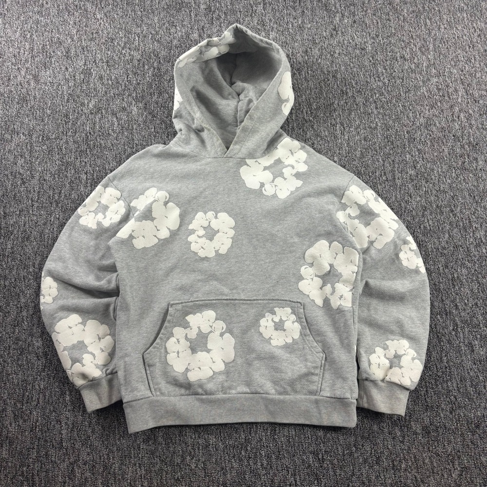 Denim Tears Cotton Wreath Hoodie Grey White Puff Print Streetwear Small